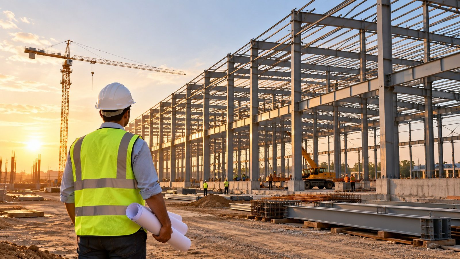 Engineer reviewing an industrial steel frame construction site